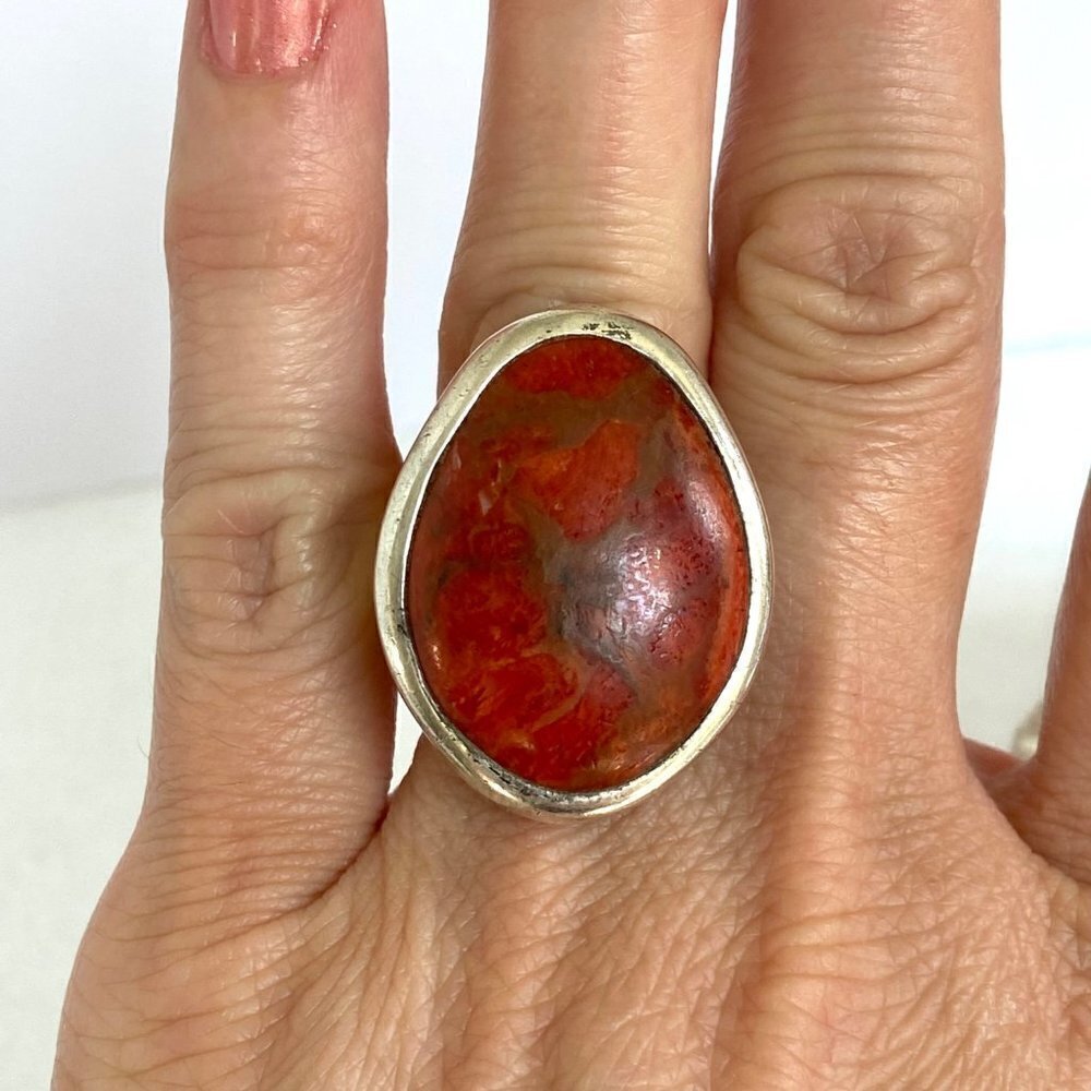 BARSE Sterling Silver 925 Thai Large 1.22" Oval Red Sponge Coral Ring Sz 6.75